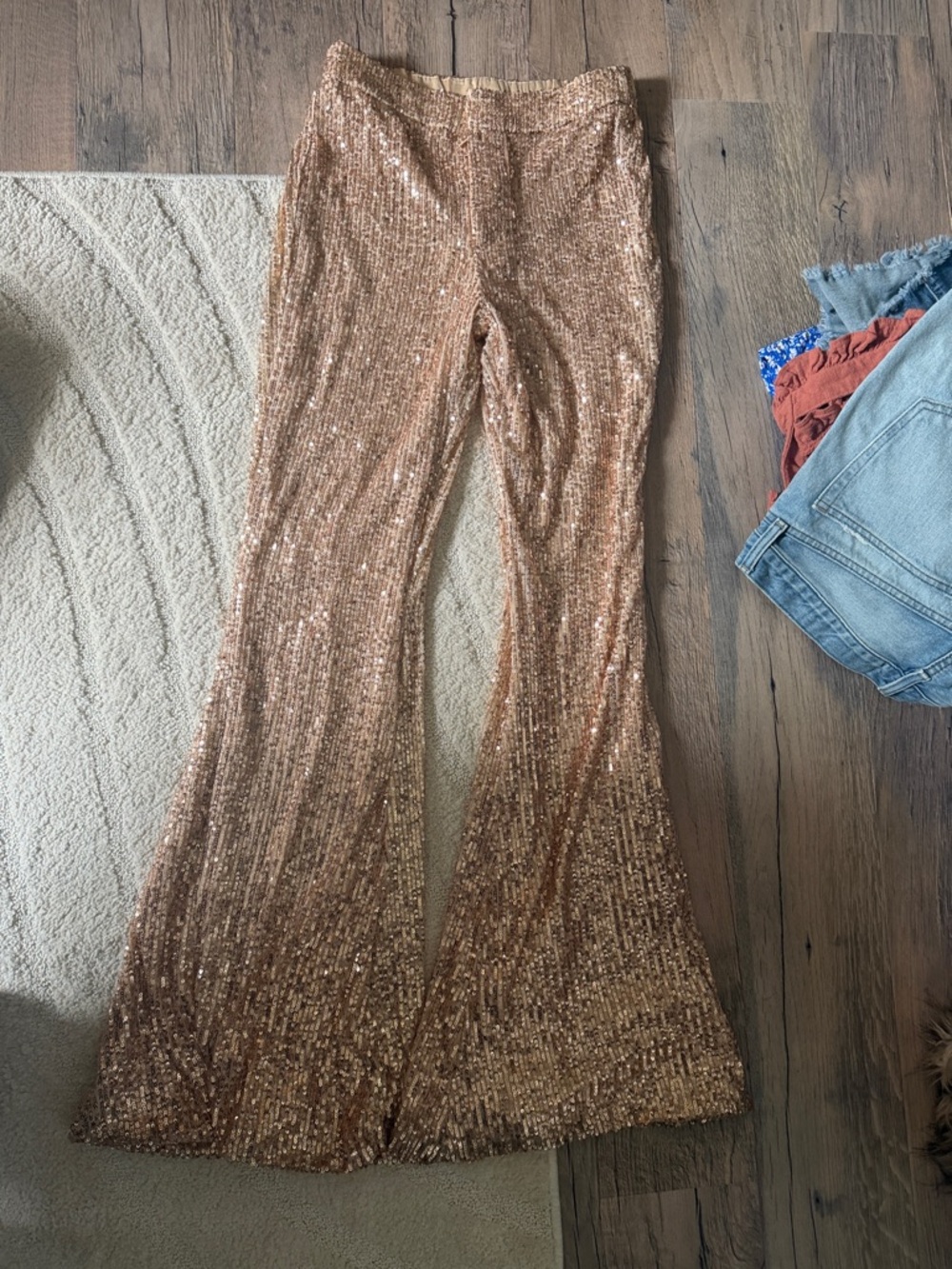 Sequin Flared Pants in Rose Gold